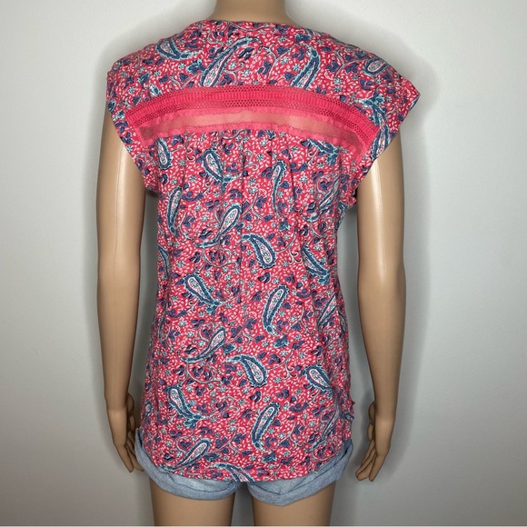 Lucky Brand Pink Blue Floral V-Neck Lace Detail Short Sleeve Paisley Blouse Top - Picture 4 of 8